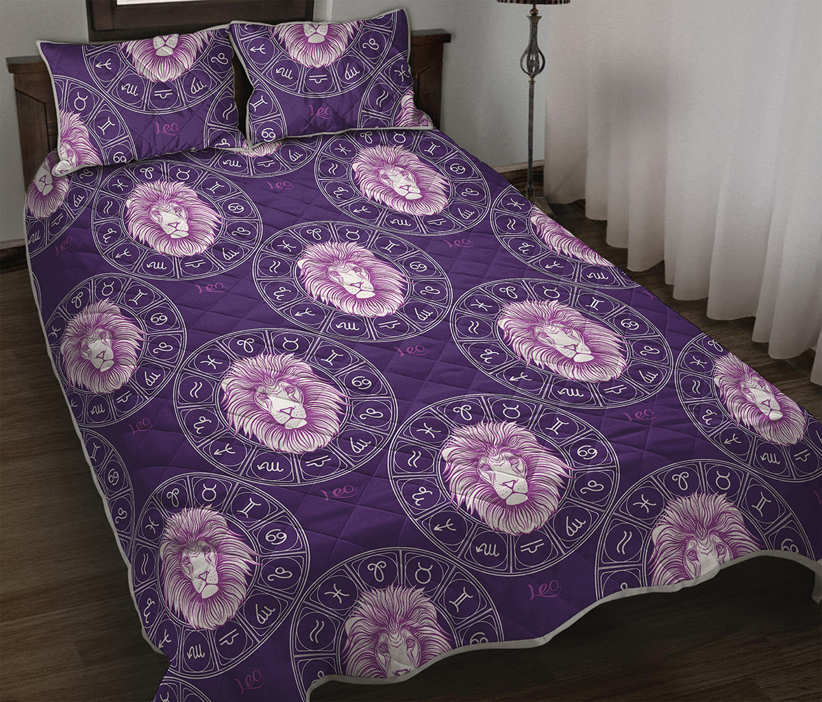 Purple Leo Zodiac Pattern Print Quilt Bed Set