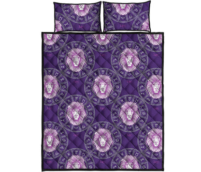 Purple Leo Zodiac Pattern Print Quilt Bed Set