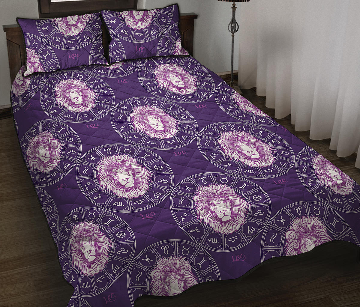 Purple Leo Zodiac Pattern Print Quilt Bed Set