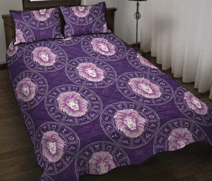 Purple Leo Zodiac Pattern Print Quilt Bed Set