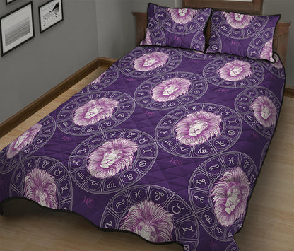 Purple Leo Zodiac Pattern Print Quilt Bed Set