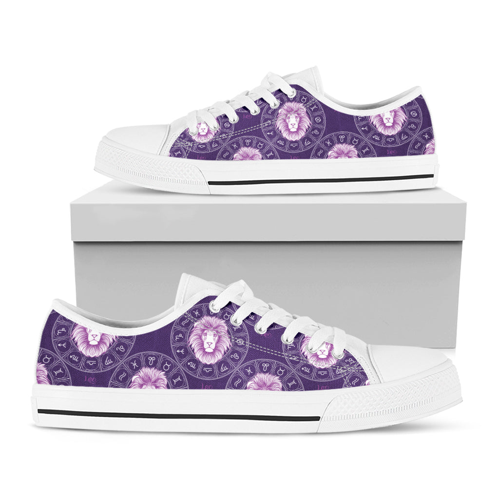 Purple Leo Zodiac Pattern Print White Low Top Shoes