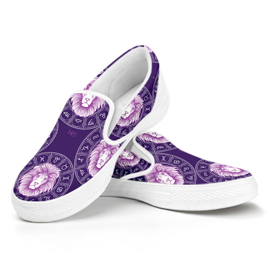 Purple Leo Zodiac Pattern Print White Slip On Shoes