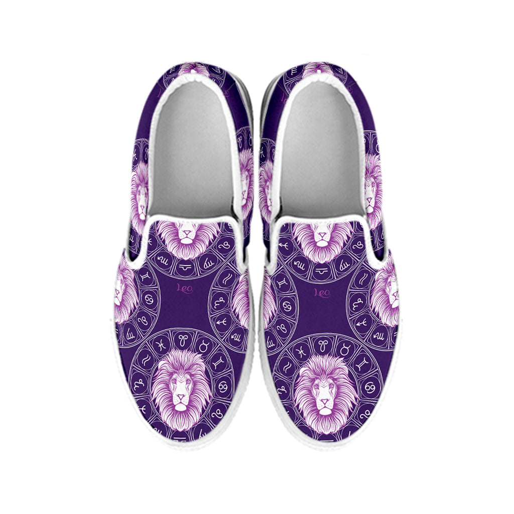 Purple Leo Zodiac Pattern Print White Slip On Shoes