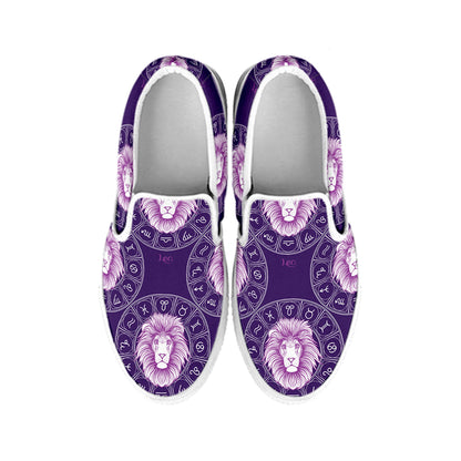 Purple Leo Zodiac Pattern Print White Slip On Shoes