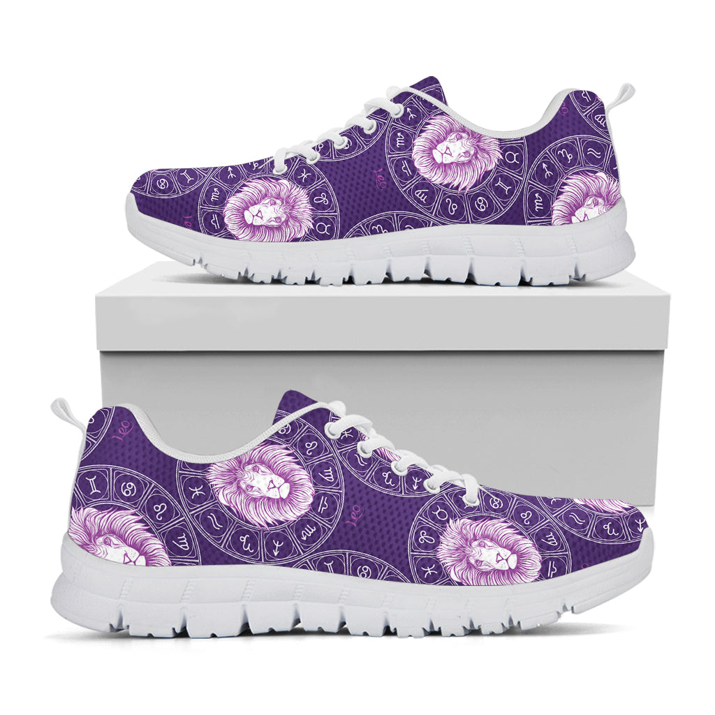 Purple Leo Zodiac Pattern Print White Sneakers