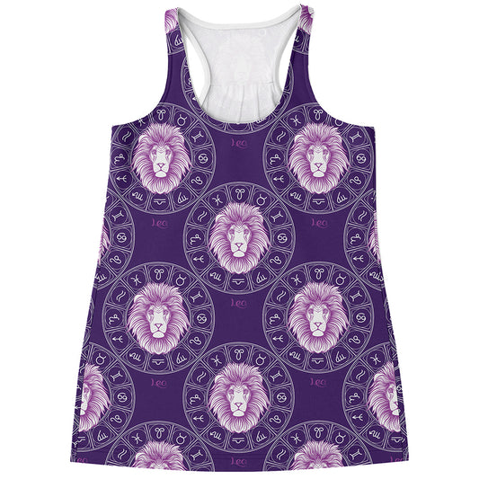 Purple Leo Zodiac Pattern Print Women's Racerback Tank Top