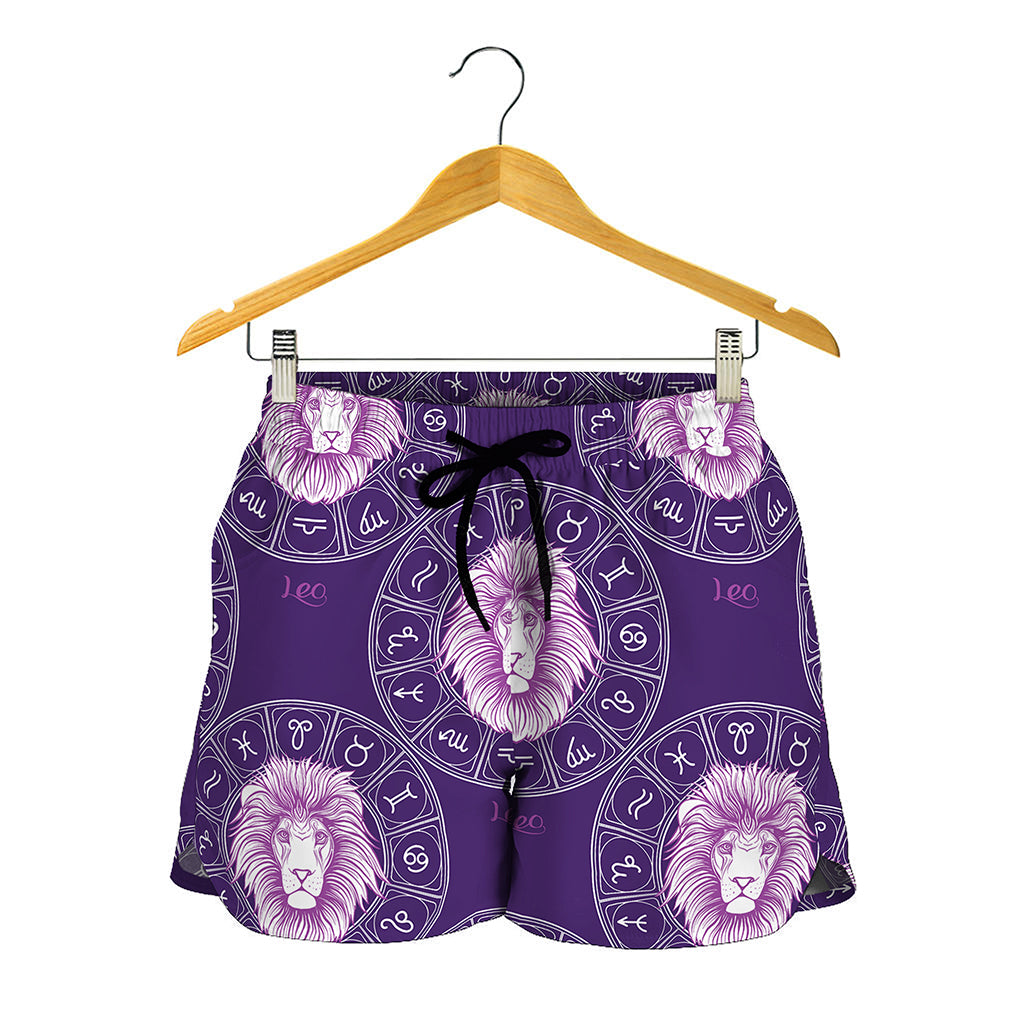 Purple Leo Zodiac Pattern Print Women's Shorts
