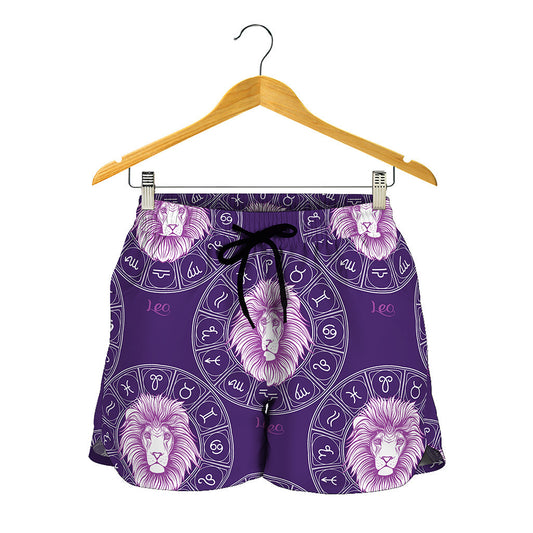 Purple Leo Zodiac Pattern Print Women's Shorts