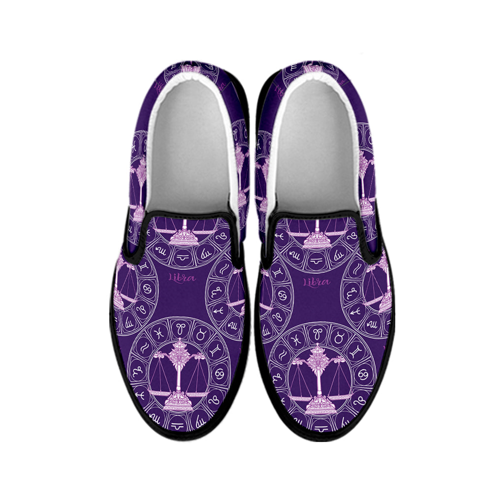 Purple Libra Zodiac Pattern Print Black Slip On Shoes