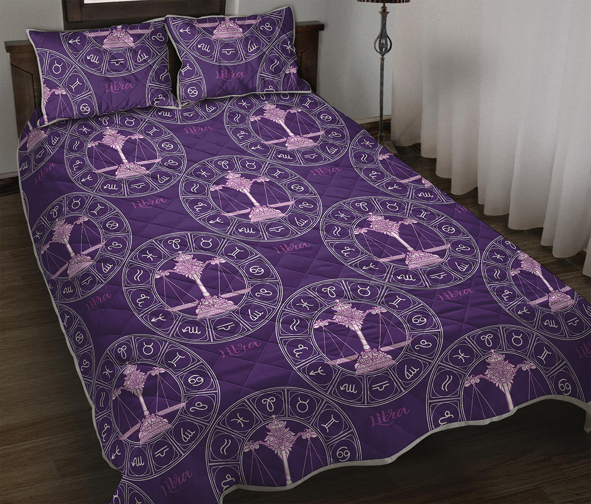 Purple Libra Zodiac Pattern Print Quilt Bed Set