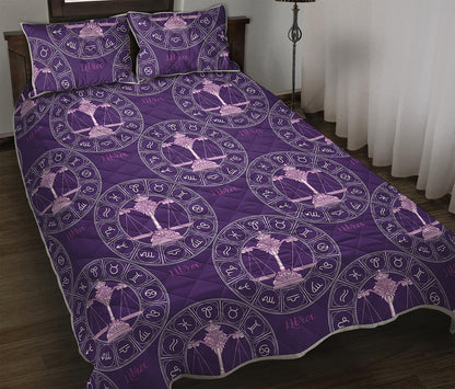 Purple Libra Zodiac Pattern Print Quilt Bed Set