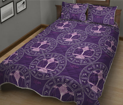 Purple Libra Zodiac Pattern Print Quilt Bed Set