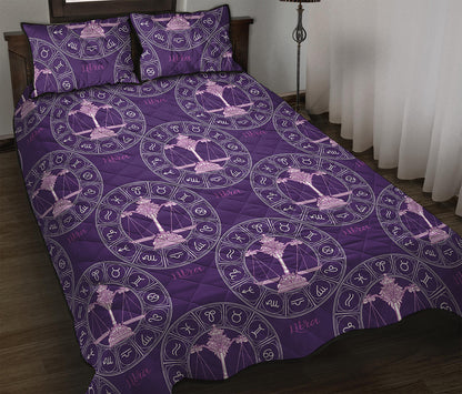 Purple Libra Zodiac Pattern Print Quilt Bed Set