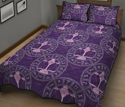 Purple Libra Zodiac Pattern Print Quilt Bed Set