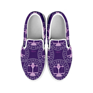 Purple Libra Zodiac Pattern Print White Slip On Shoes