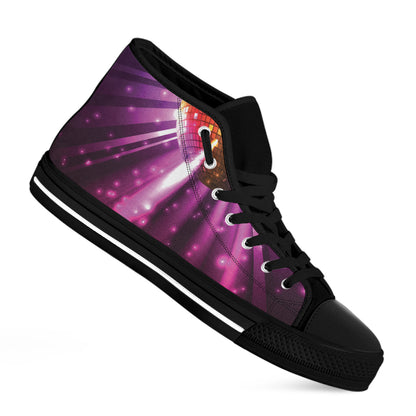 Purple Light Disco Ball Print Black High Top Shoes