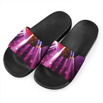 Purple Light Disco Ball Print Black Slide Sandals