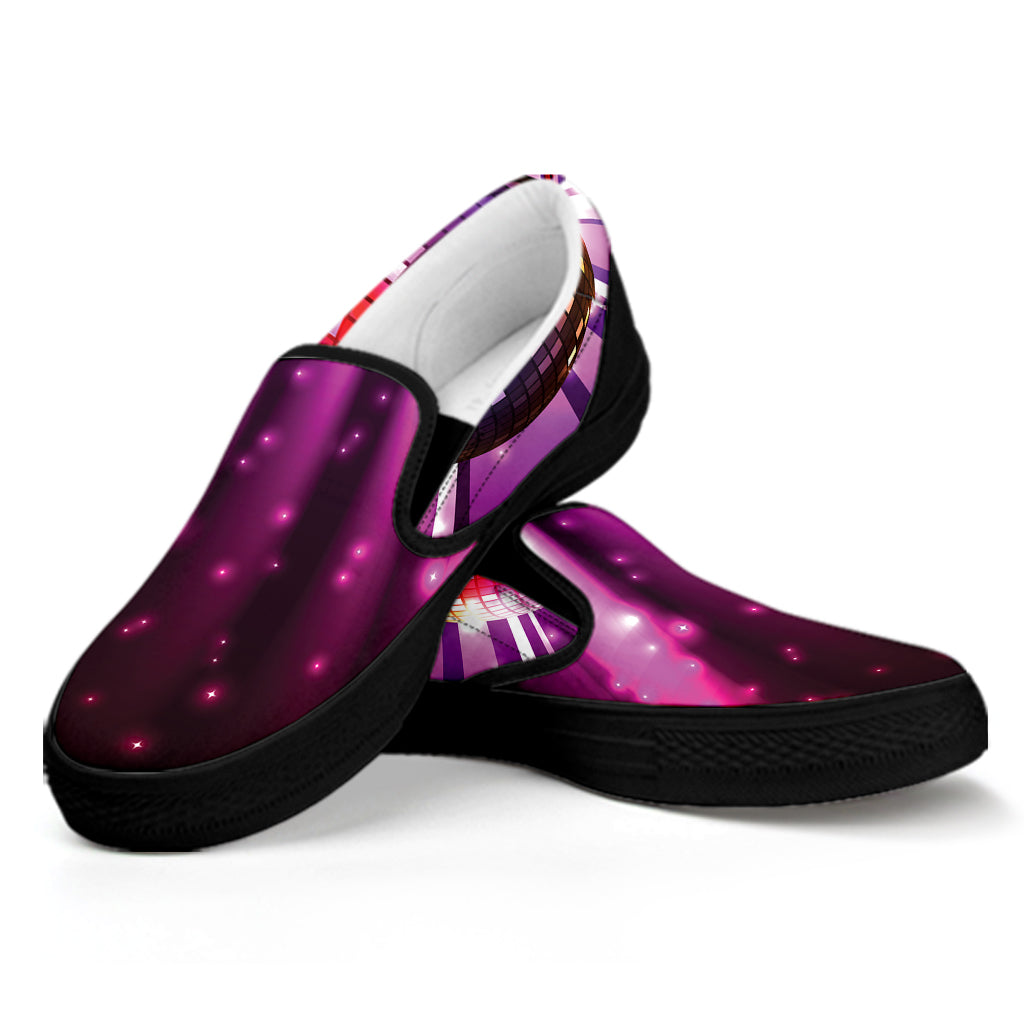 Purple Light Disco Ball Print Black Slip On Shoes