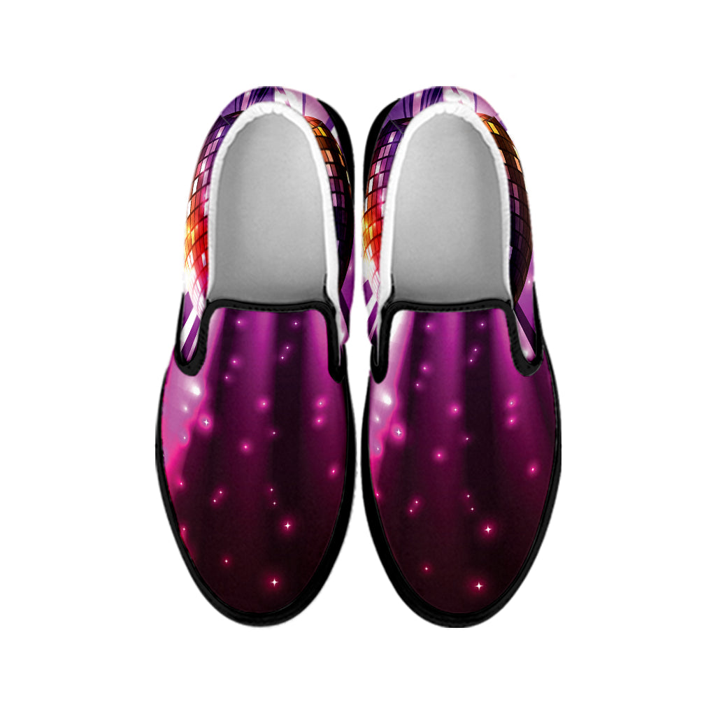 Purple Light Disco Ball Print Black Slip On Shoes