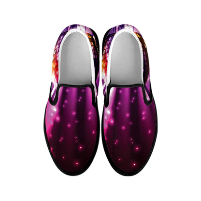 Purple Light Disco Ball Print Black Slip On Shoes