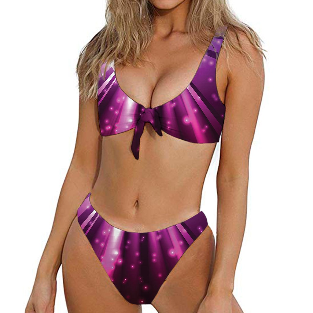 Purple Light Disco Ball Print Front Bow Tie Bikini