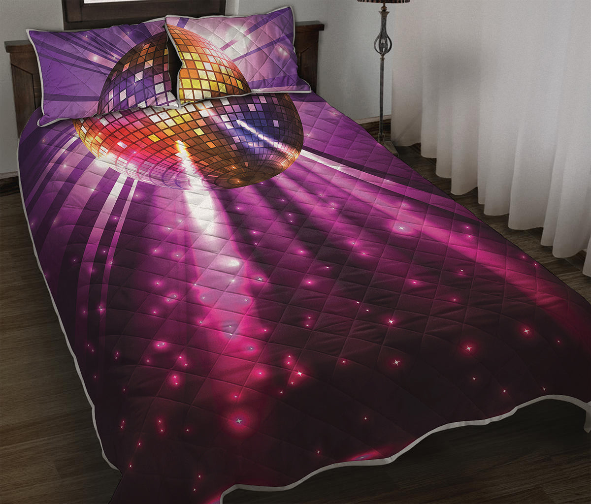 Purple Light Disco Ball Print Quilt Bed Set