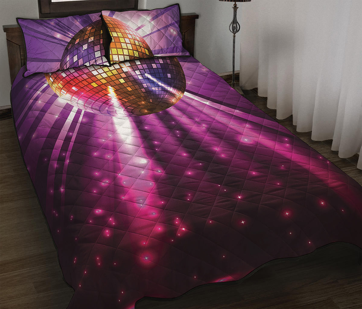 Purple Light Disco Ball Print Quilt Bed Set