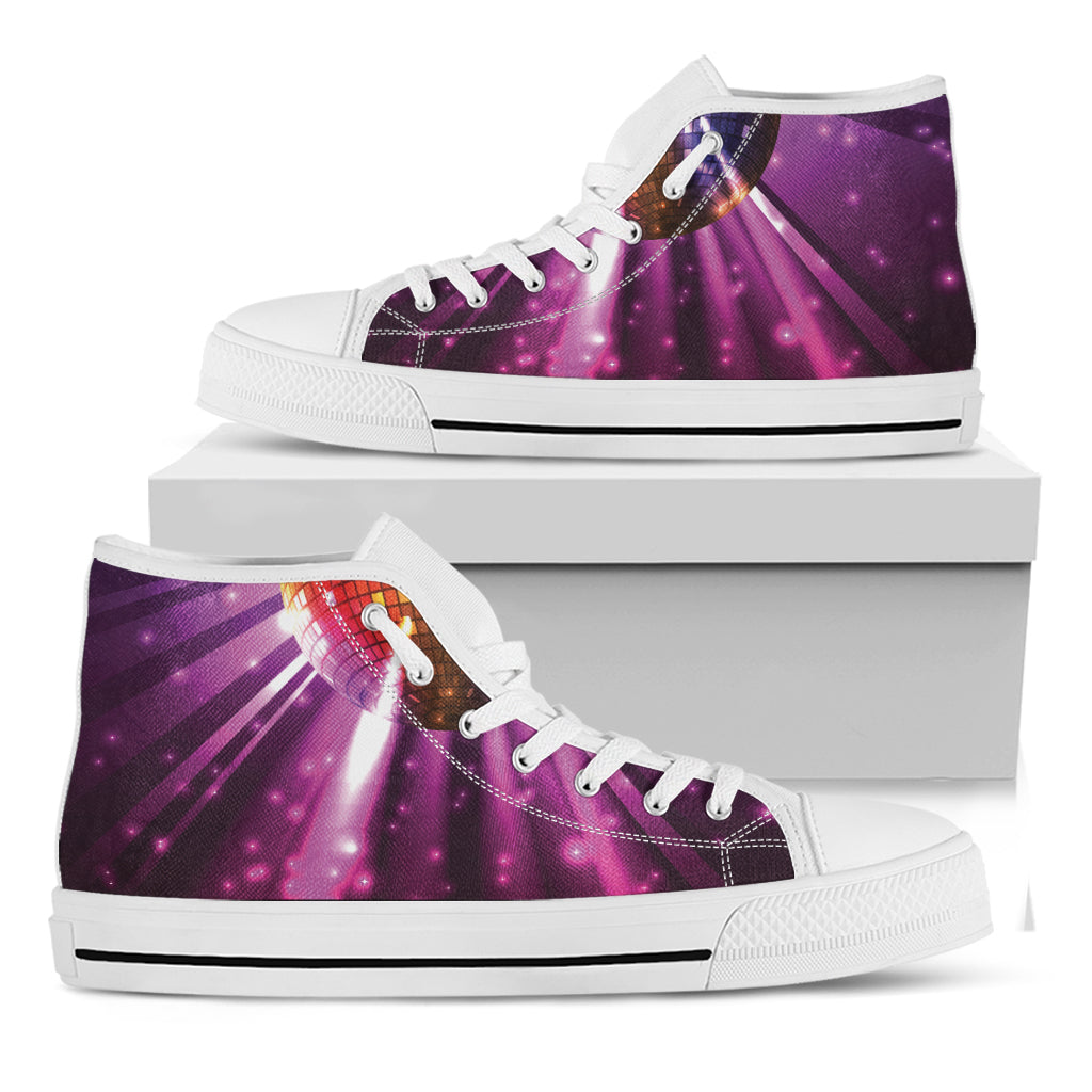 Purple Light Disco Ball Print White High Top Shoes