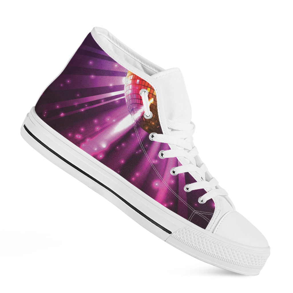 Purple Light Disco Ball Print White High Top Shoes