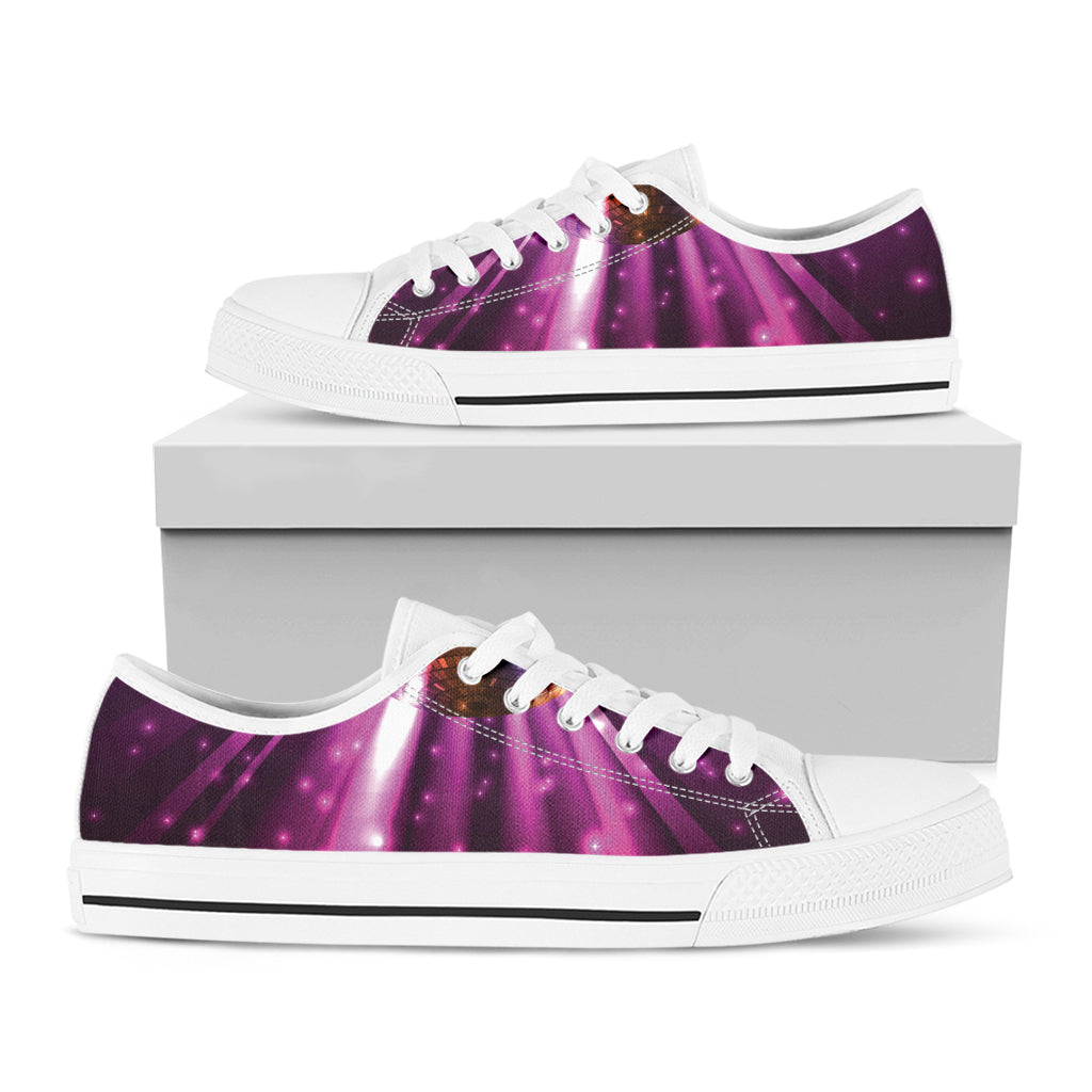 Purple Light Disco Ball Print White Low Top Shoes