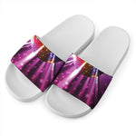 Purple Light Disco Ball Print White Slide Sandals
