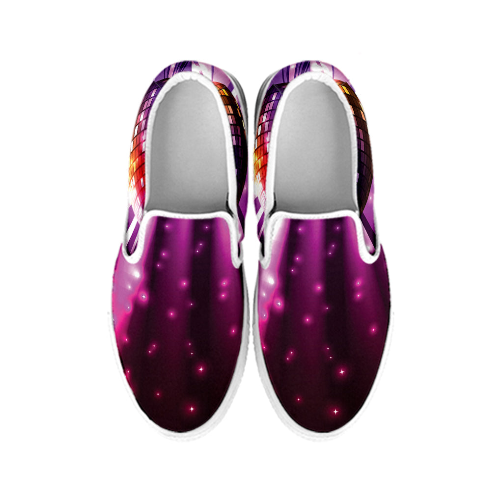 Purple Light Disco Ball Print White Slip On Shoes