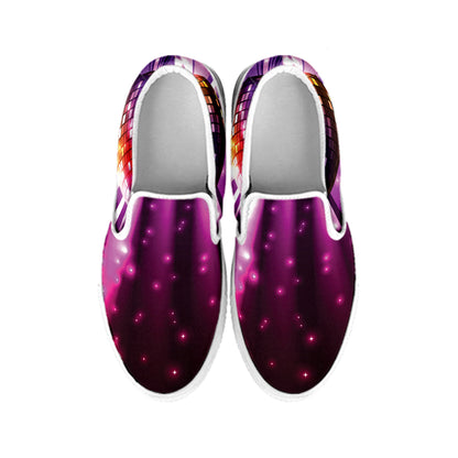 Purple Light Disco Ball Print White Slip On Shoes