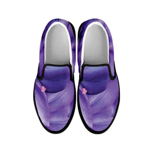 Purple Lily Flower Print Black Slip On Shoes