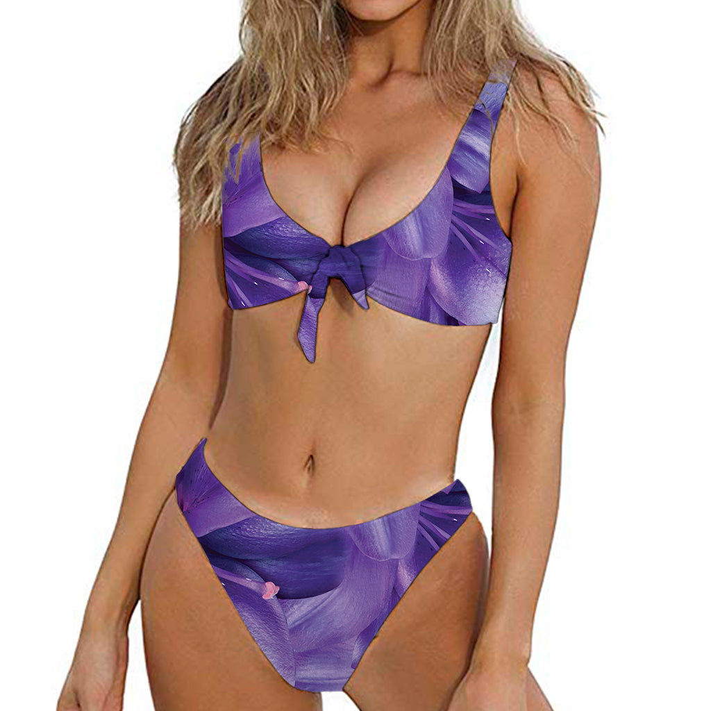 Purple Lily Flower Print Front Bow Tie Bikini