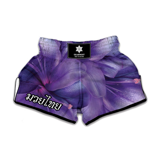 Purple Lily Flower Print Muay Thai Boxing Shorts
