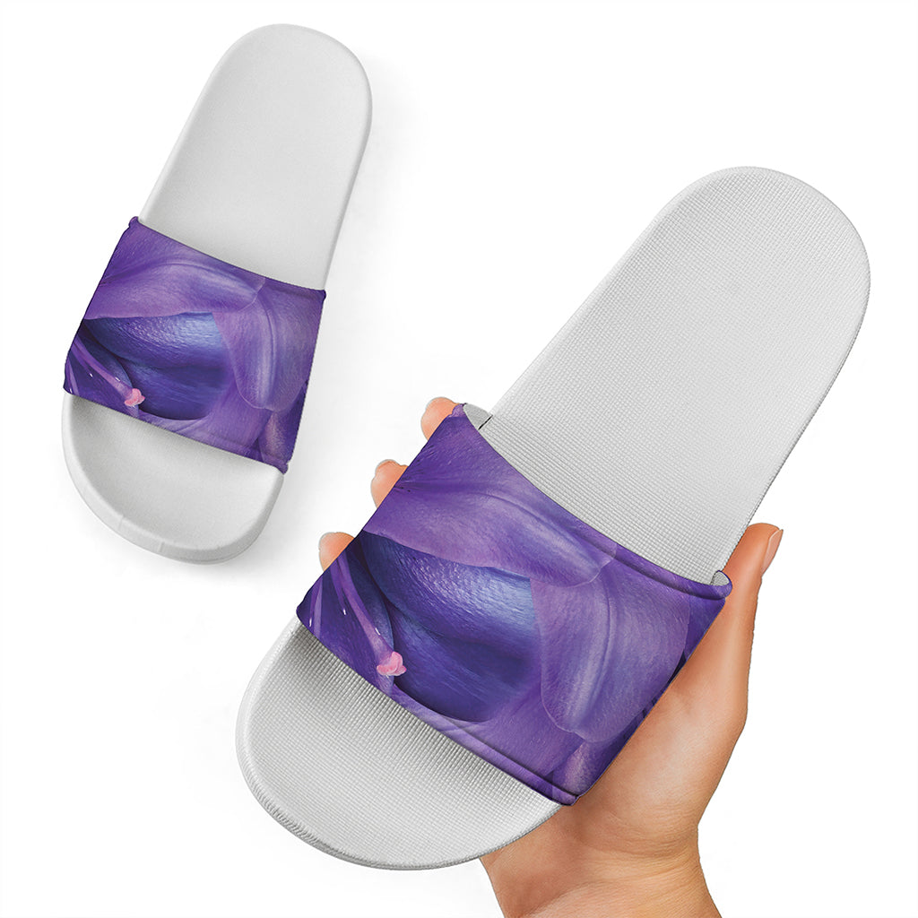 Purple Lily Flower Print White Slide Sandals