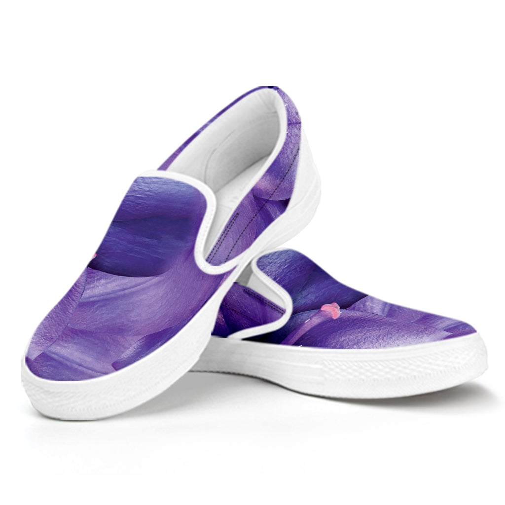 Purple Lily Flower Print White Slip On Shoes