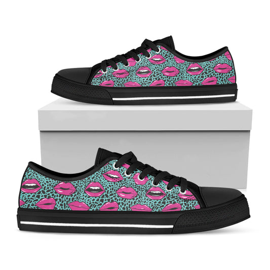 Purple Lips Pattern Print Black Low Top Shoes