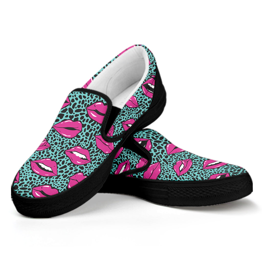 Purple Lips Pattern Print Black Slip On Shoes