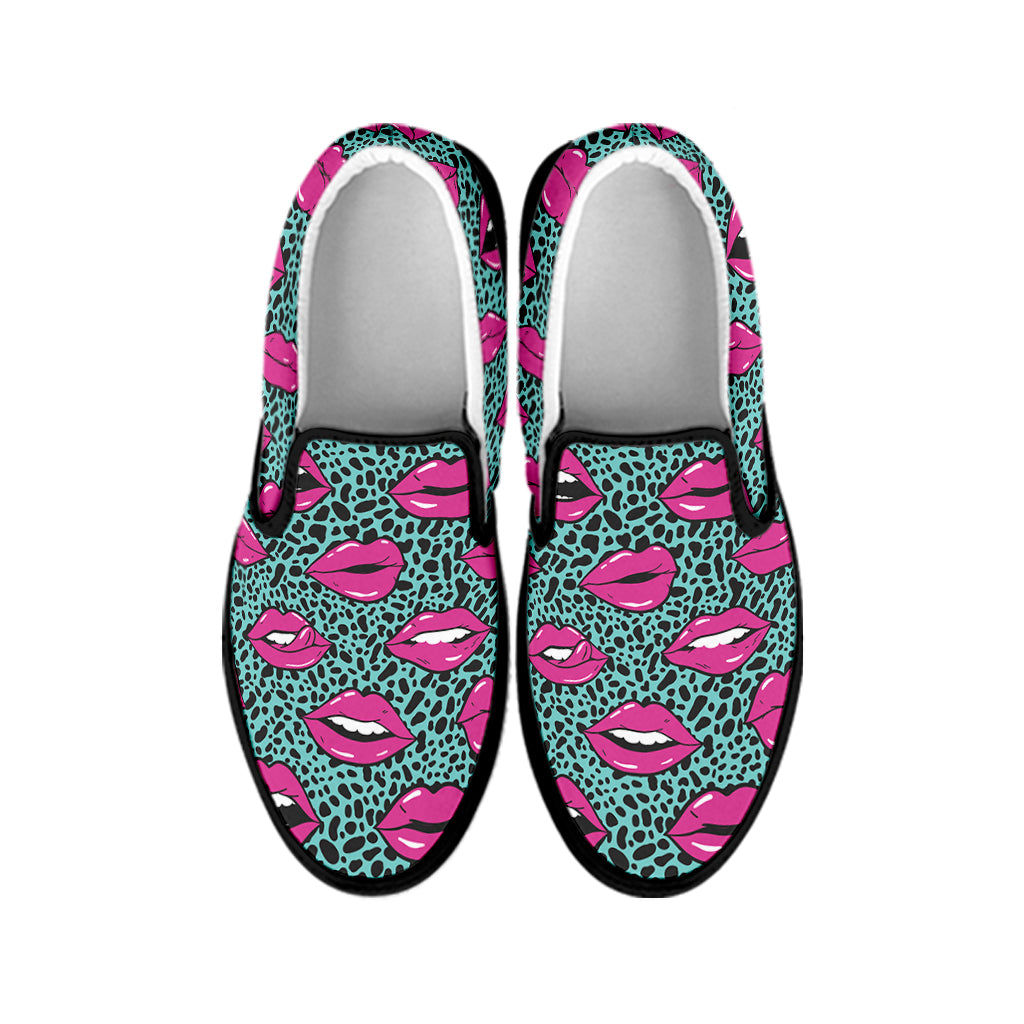 Purple Lips Pattern Print Black Slip On Shoes