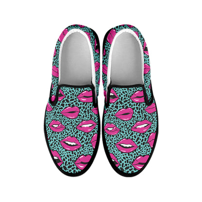 Purple Lips Pattern Print Black Slip On Shoes