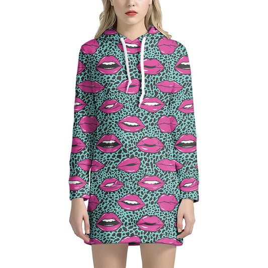 Purple Lips Pattern Print Hoodie Dress