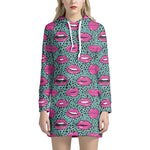 Purple Lips Pattern Print Hoodie Dress