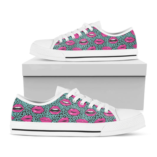 Purple Lips Pattern Print White Low Top Shoes