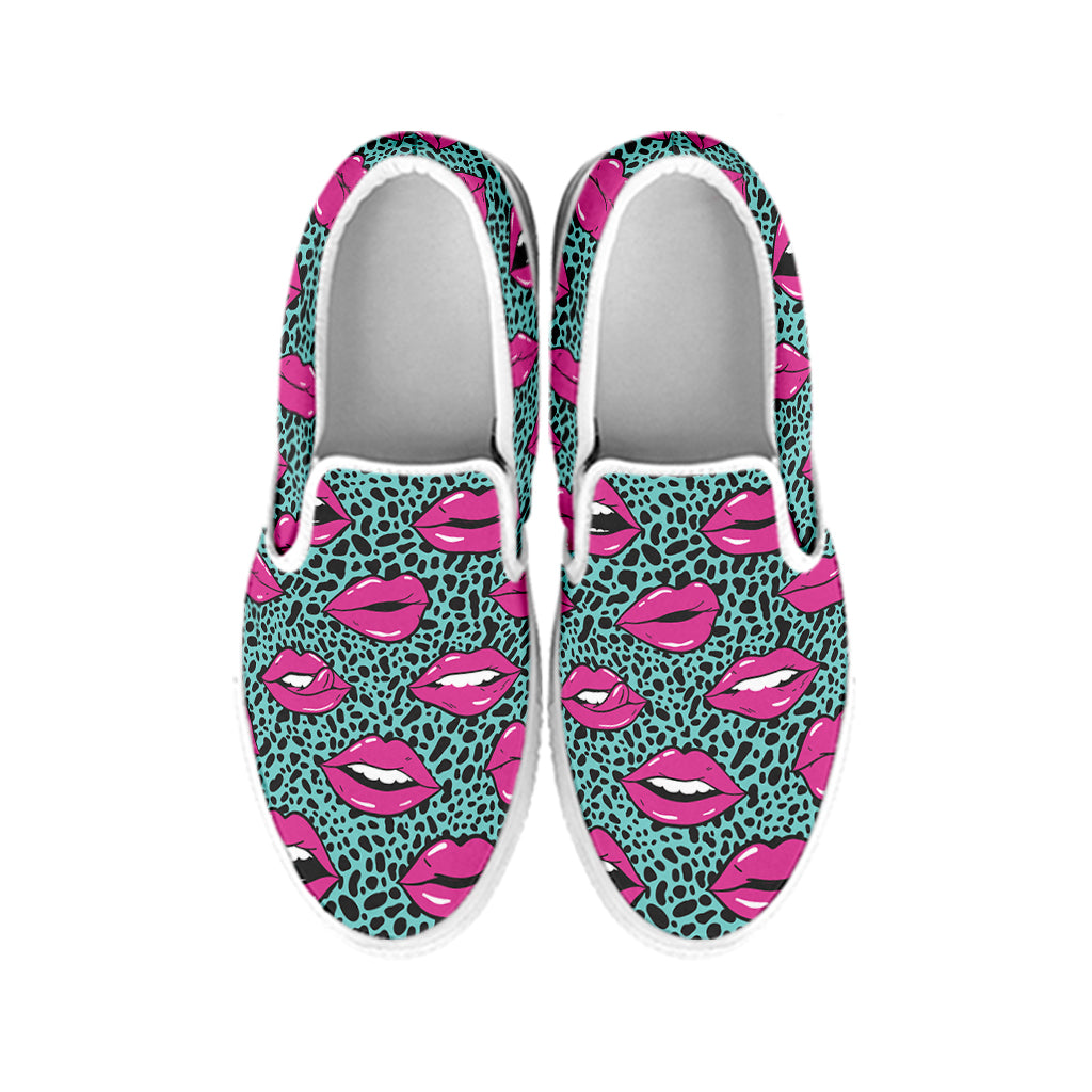 Purple Lips Pattern Print White Slip On Shoes
