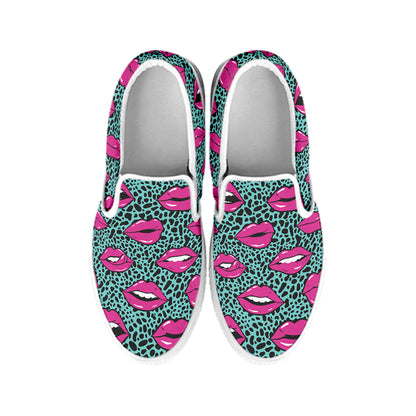 Purple Lips Pattern Print White Slip On Shoes