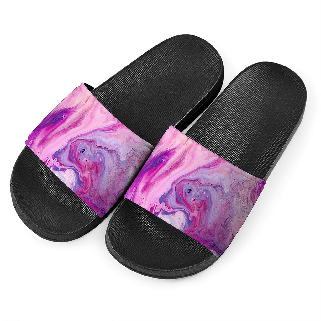 Purple Liquid Marble Print Black Slide Sandals