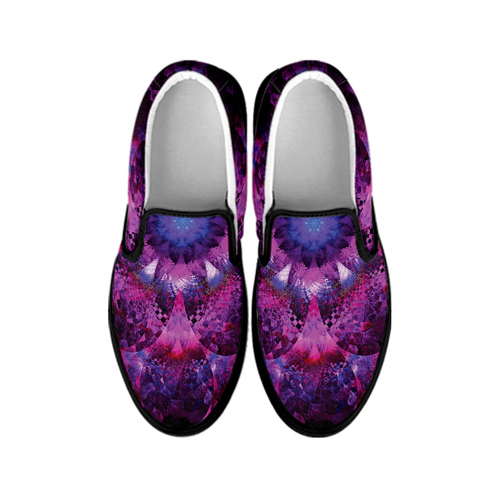 Purple Mandala Flower Print Black Slip On Shoes